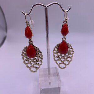 🐱 5 for $10.  Goldtone Drop Earrings with Red Stones 2 1/2"